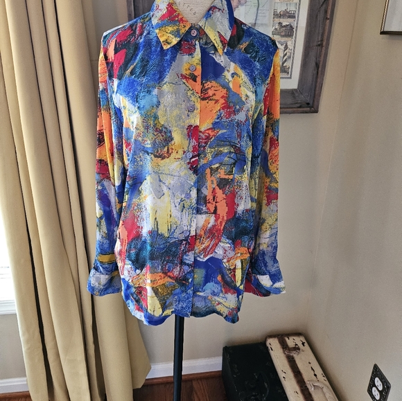 Vintage Blouse Modern Colorful Abstract Art Design Button up Long Sleeve - Picture 11 of 12